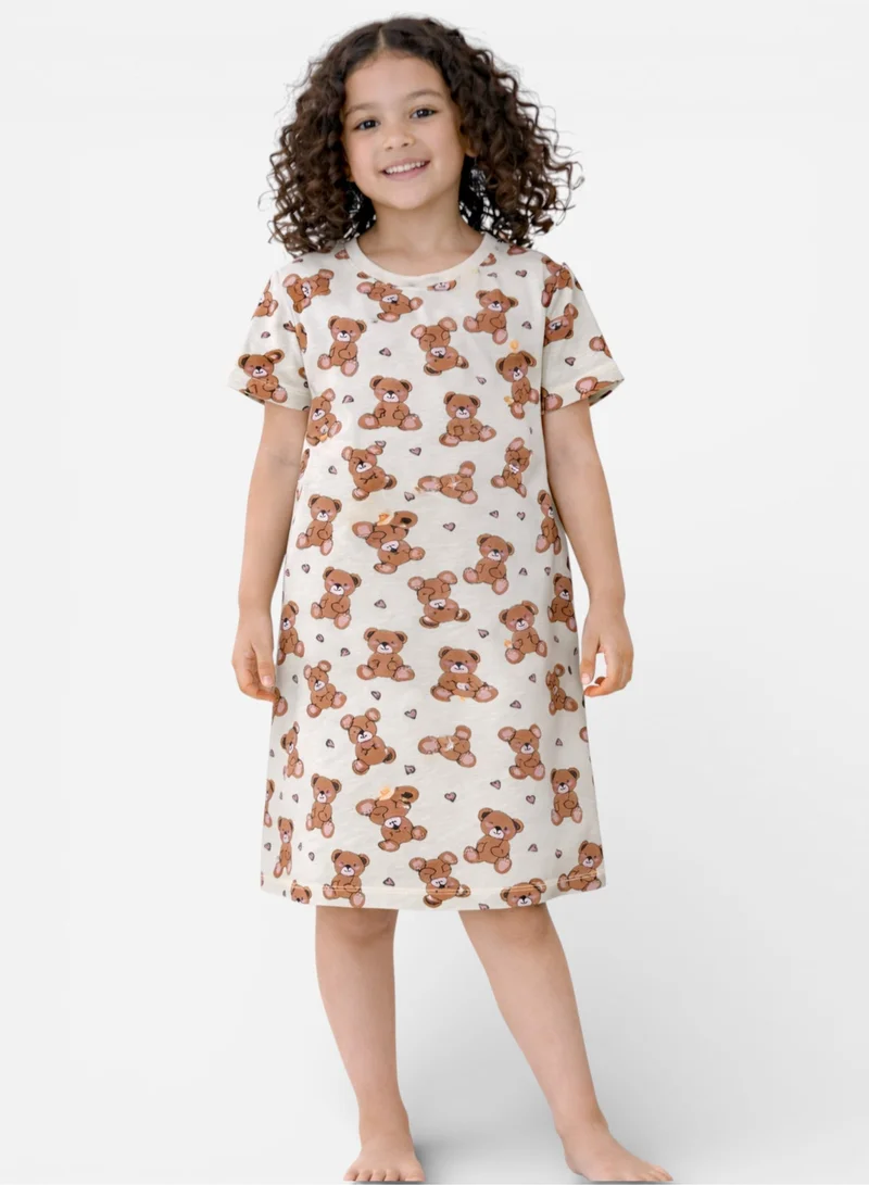 Victor And Jane Age Kids Girls’ Nightdress – All-Over Teddy Print Sleep Tee Dress for Women | Best Price UAE